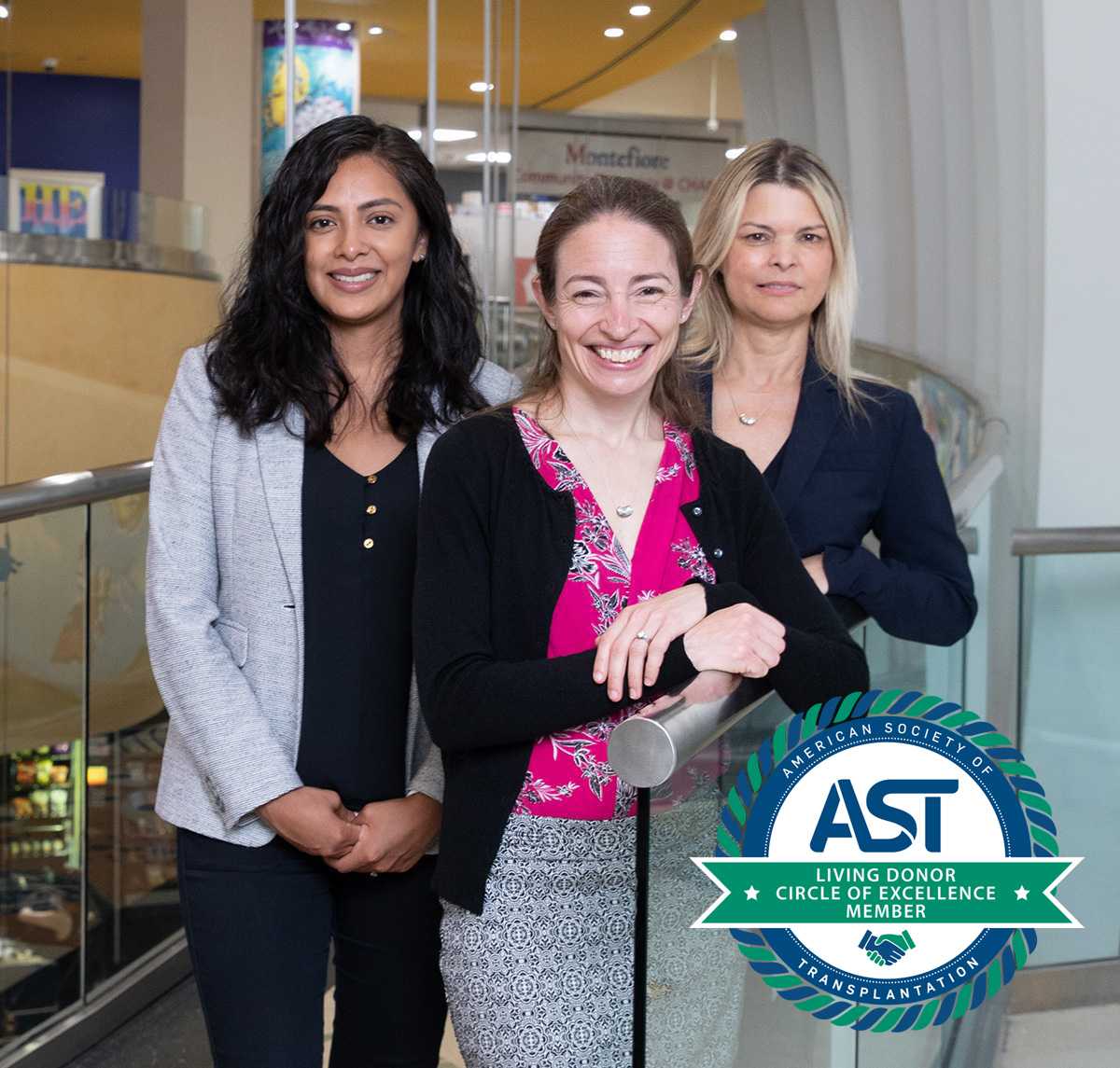 Photo of Veronica Mora, Living Donor Advocate/Social Worker, Hillary Yaffe, MD, Abdominal Organ Transplant Surgeon & Assistant Professor of Surgery, Laura Butler, Associate Vice President, Transplant Services